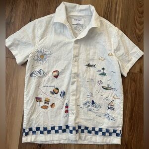 Old Navy Boys Size 8 Button Down Shirt Map Print Travel Short Sleeve Linen